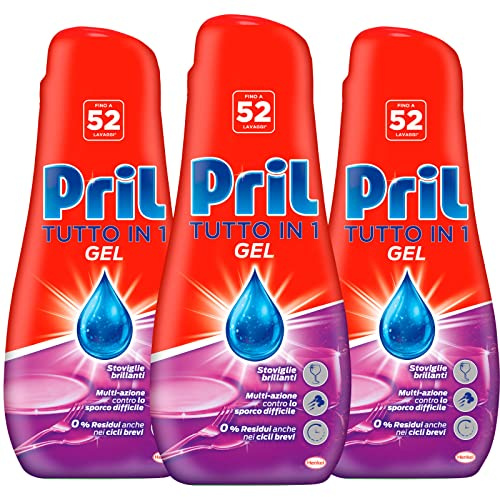 Pril Tutto in 1 Gel Lavastoviglie Detergente Brillantante Multi-Azione Contro Sporco Difficile e Ostinato 0% Residui Formula Efficace anche a Basse Temperature e nei Cicli Brevi - 3 Flaconi da 936ml