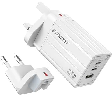 65W USB C Fast Travel Charger, 3 Ports GaN Charger with UK, EU, US Plugs, USB Power Supply Compatible with iPhone 16/15 Pro Max, iPad, MacBook Pro/Air, Galaxy S24/S23, and Other USB C Devices