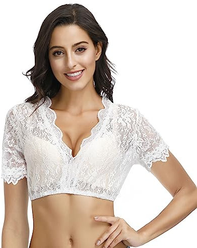 TrendiMax Damen Dirndlblusen Kurzarm Spitze Tracht Bluse Elegante Trachtenbluse für Oktoberfest, Weiß Kamelie, 36