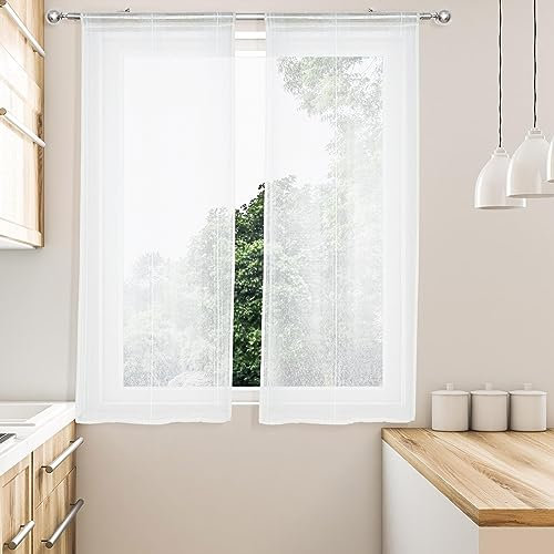 HOMEYA - Cortina Cocina tranaparente 2 Unidades - Visillo para Cocina diseño de Rayas 2 Paneles para Ventana - 45 x 120 Blanco