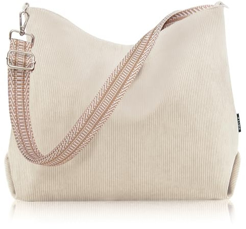 Prite Shopper Tasche Damen Groß Cord Tasche Tote Bag mit Verstellbarem Schultergurt für College Schule Arbeit Reisen Einkaufen(Beige)