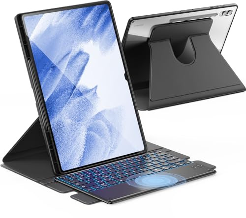 INFILAND für Samsung Galaxy Tab S9 Ultra /S8 Ultra Hülle mit Tastatur, [Hochpräzises QWERTZ Touchpad] 360 Grad Drehbarem Ständer, Deutsche Beleuchtete Bluetooth Galaxy Tab S9 Ultra Tastatur, Schwarz