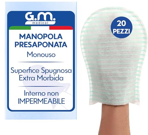 G.M. DISTRIBUZIONE GM 20 PEZZI - Manopole Saponate Monouso di Alta Qualità (75 gr/mq) con Soffice Spugna, Delicatamente Profumate, Senza Risciacquo, Manopola Presaponata, Guanto per Pulizia Anziani