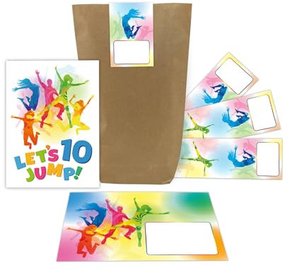 12 Einladungskarten zum 10. Kindergeburtstag Jump Trampolin Jungen Mädchen Einladungen zehnte Geburtstag incl. 12 Umschläge, 12 Tüten, 12 Aufkleber