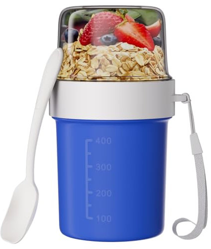 Wwtop Lunch Pot Ellipse avec une Cuillère, Boîte à Repas Gobelet à Muesli, Tasse de Céréales, Coupe du Yaourt, Tasse à Emporter Convient au Congélateur, au Micro-ondes, 560ml+310ml, Bleu