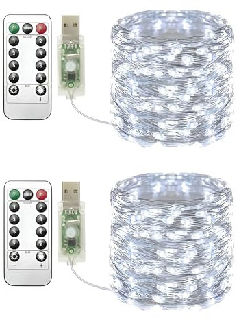 Clearhill USB Fairy Lights 2Pack,33ft/10M White 100LED USB Cooper Wire String Lights with Remote Control, 8 Modes, Timing & Dimmable for Christmas Bedroom Indoor Outdoor Decor