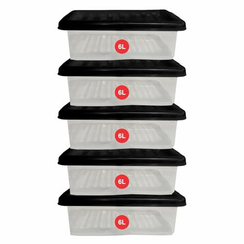 RelianceUK 6L Plastic Storage Boxes with Black Lids (6 Litre / 5 Pack) | Nestable, Stackable, Durable and Clear Containers, Underbed Storage box for Home Office Kitchen