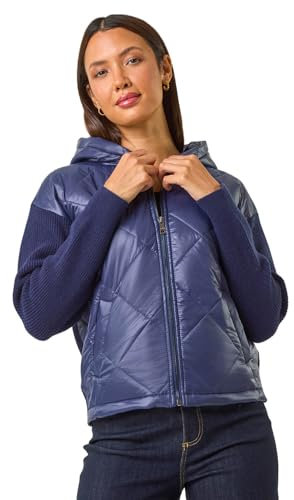 Roman Originals Diamond Quilted Hooded Mix Jacket for Women UK - Ladies Everyday Autumn Winter Collarless Neckline Comfy Soft Evening Vacation Work Party Night Out - Navy - Size 18
