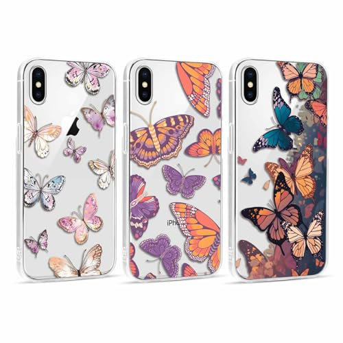 RUMDEY 3 Pack Clear Butterfly Print Phone Case for iPhone X/XS 5.8, Cute Girly Pattern Design Anti-Scratch Soft Slim TPU Silicon Protective Bumper Funda Cover for Women Girls - 02