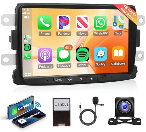 4G+64G Wireless Carplay Android 13 Autoradio für Renault Dacia, Duster/Sandero/Logan/Captur/Lodgy/Dokker/Symbol 8 Zoll Autoradio mit Android Auto GPS Navi WiFi Bluetooth FM/RDS/EQ/SWC Rückfahrkamera