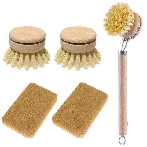 Wooden Long Handle Dish Brush With 2 Replacement Heads and 2 Loofah Scourer for Dishwashing and Kitchen Cleaning