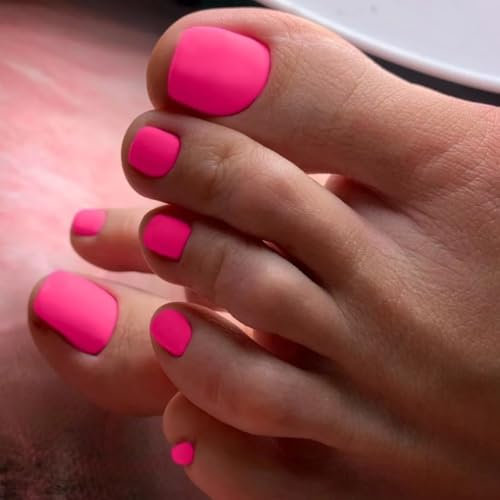 SXVME Matte Hot Pink Press on Toes Nails Short Square, Solid Color Fake Toe Nails Glue on, Toe Press on Nails for Women, Summer Gel ToeNails Acrylic for Decoration 24 Pcs