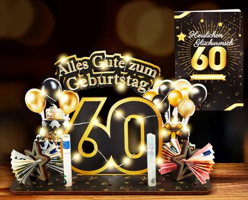 TUZELIYA Upgrade 60. Geburtstag Geldgeschenke mit LED Lichterkette und Geburtstagskarte, 60 Geburtstag Frau Mann Farbdruck Geschenke aus Holz, 60 Geburtstagsgeschenk Deko