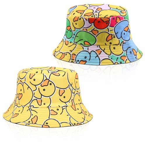 SAIIURV 2 Stück Enten Reversibel Fischerhut für Damen Herren, Modisch Sommerhut Hut Wendbares Fischerhüte, Faltbar Anglerhut Doppelseitig Retro Thema Eimer Hüte für Tägliche Karneval