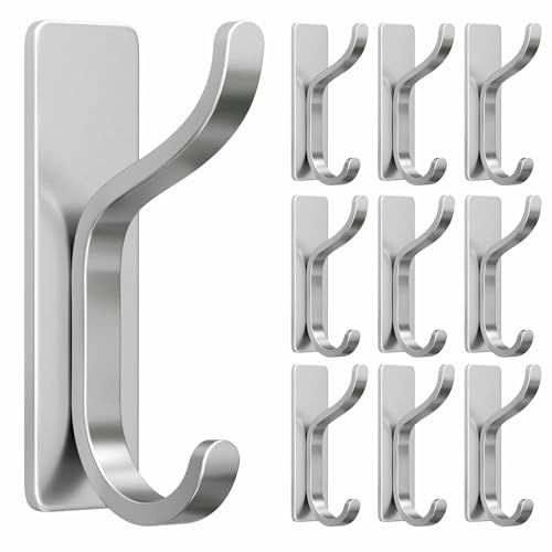 pickpiff Self Adhesive Hooks for Coat,8KG Stick-On Wall Hook,Silver 10 Pack | Back of Door Hooks, Bathroom Towel Hooks, Strong Sticky Hooks Heavy Duty, Adhesive Door Hangers for Clothes, Bags, Purses