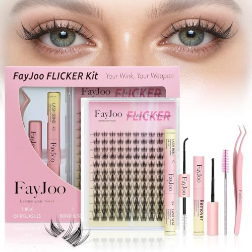 Spiky Foxy Fairy Lash Clusters Kit with 0.05mm Thin Band, 8-18mm C Curl, DIY Salon Eyelash Extensions with Bond/Seal/Remover/Tweezer, FayJoo FLICKER 11 Kit
