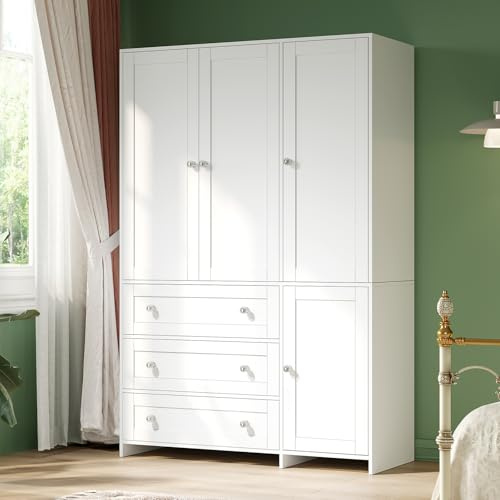 VOWNER Armoire Wardrobe Closet with Drawers and Mirror, 71 Clothing Storage Cabinet with Hanging Rod, 4 Doors Wooden Wardrobe Cabinet for Bedroom, Large Capacity Storage