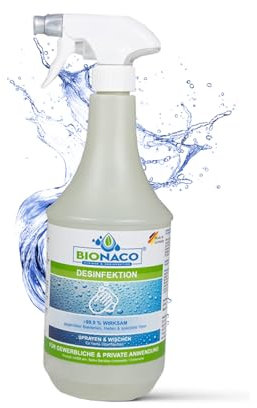Bionaco Desinfektionmittel - Alkoholfreies Reinigungsmittel zur Desinfektion, Hygiene-Spray für Oberflächen und Gegenstände, nachhaltiger & naturnaher Wirkstoff-Komplex, Made in Germany (1L Sprühkopf)