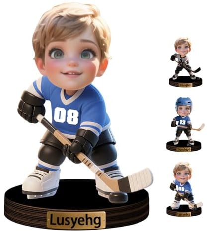 Personalisierte Kinder-Eishockeyspieler-Skulptur-Ornament mit individuellem Namen und Foto, Eishockey-Cartoon-Figur, Heimdekoration, Sport-Schreibtischplakette für Männer, Frauen, Ehemann
