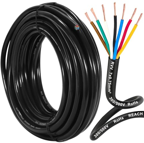 D-TECH Câble remorque 7 Fils 10M, Câble électrique pour eclairage de remorque, Câble Rond 7 Fils de Remorque pour Le câblage des Feux arrière, Câble de véhicule 7 x 0,75 mm²12V 24V 48V 80V