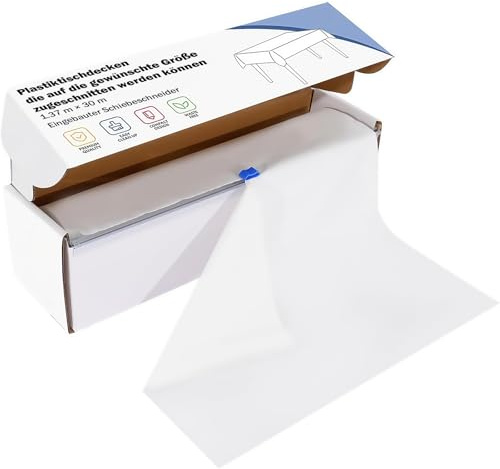 Plastik tischdeckenrolle 30m x 1.37m Weiße Einweg Rechteckige Tischdecke Mit Schnitt Schiebeschneider für Picknicks, Partys, Wohnzimmer,Geburtstage, Hochzeiten