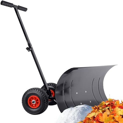 Suusolny Schneeschieber Höhenverstellbar 5-Fach Schneeschaufel auf Rädern Schneepflug mit T-Griff Outdoor Schneeräumung Schneeschippen Schneeschild 74cm Breit Auch als Laubsammler aus Metall