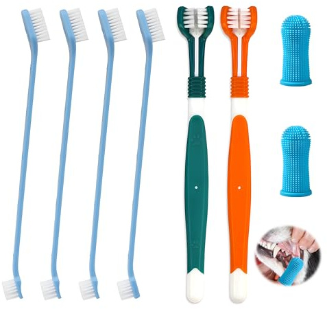 8Pcs Hundezahnbürste, Weiches Silikon Haustier Zahnbürsten Set Enthalten 2 Stück Dreifach Köpfe Hundezahnbürsten 4 Finger Zahnbürste 2 Doppelköpfige Zahnbürste für Kleine Haustierkatzen und Hunde