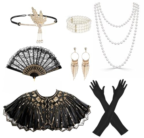 20er Jahre Accessoires Damen, 8-teiliges Set in Schwarz-Gold für Karneval | Charleston-Flapper-Zubehör mit Schal, Spitzenfächer, Handschuhen, Stirnband und Kunstperlenschmuck für Mottoparty & Silvester