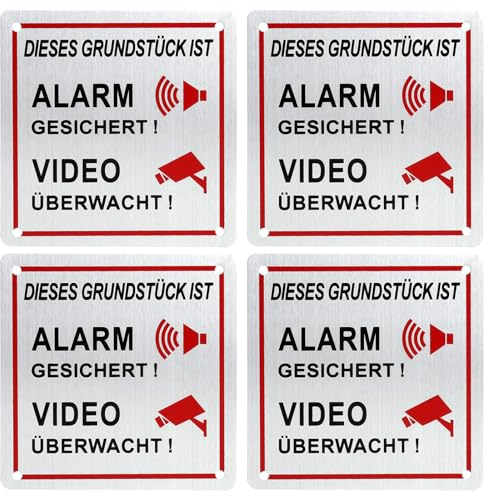 4 Stück Videoüberwacht Alarmgesichert Outdoor Videoüberwachung Warnschild Aluminium Wetterfest Videoüberwachung Schild Selbstklebend, Alarm Kamera Überwacht Schild Haus Garage Garten Privatgrundstück