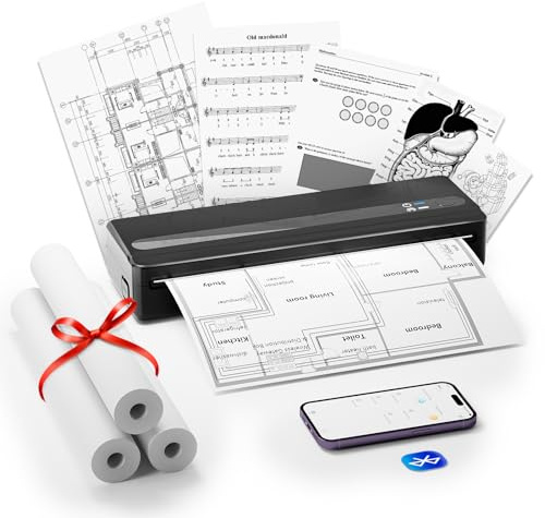 BORN4SHIP PB821 Stampante Termica Portatile A4, Stampante Bluetooth Senza Inchiostro per Cellulare e Computer, Supporta Carta Multisize, per Ufficio Viaggi, Studio, Casa, Dotato 3 Rotoli Carta, Nero
