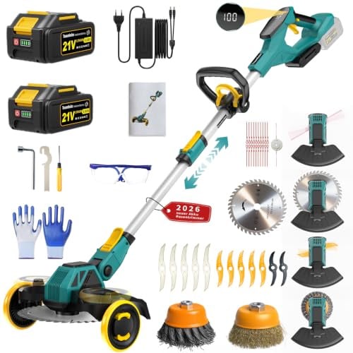 Rasentrimmer mit Akku, 21V Akku Rasentrimmer für Makita Akku, Rasentrimmer mit Unkrautbürste, 2 * 4.0Ah 5 in 1 Rasentrimmer, 900W Bürstenloser Motor Freischneider Akku für Rasen, Garten, Hof(Blau)