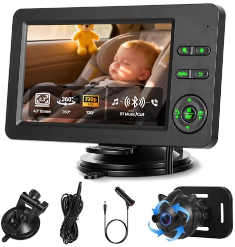 4,3 Cámara Bébé Coche con Monitor 720p para el Asiento Trasero | Monitor Bebé Auto con Cámara Soporta Visión Nocturna BT Música Teléfono/Cámara Reproduce Música Coloreado