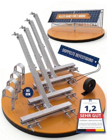 Balkonkraftwerk Halterung Balkon Geländer für 2x Solarmodule. Für alle Modulgrößen geeignet. Verstellbar bis 70cm. Stabiles Aluminiumprofil mit Edelstahl Haken und Schrauben. 0% MwSt