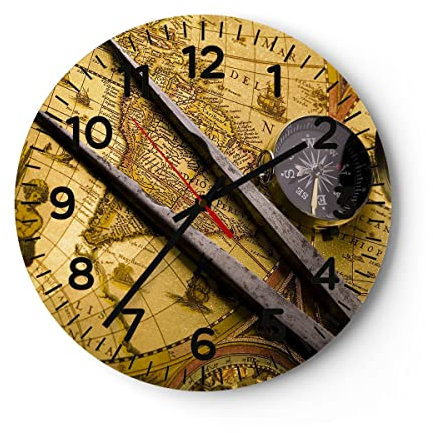 Modern Wanduhr Kompass Abenteuer Reisen 40x40cm Rund Groß Wand Uhr Glas Analog Zimmeruhren Küche Büro Wohnzimmer Glasuhr Wall Clock Dekoration Design Wanddekoration Küchenuhr C4AR40x40-0146