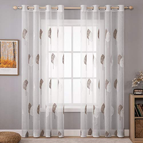MIULEE Wohnzimmer Vorhänge Transparent mit Kaffee und Weiss Blätter Muster, Modern Stickerei Gardinen Ösen für Schlafzimmer Deko, 2er Set Schöne Blätter Muster Vorhang Fenster H 260 x B 140