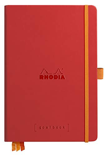 RHODIA 118783C - Bullet Journal Goalbook Rigid Notebook Poppy - A5 - Dotted Dot - 240 Pages - 90g Ivory Clairefontaine Paper - 3 Ribbons, Elastic Closure - Faux Leather Cover