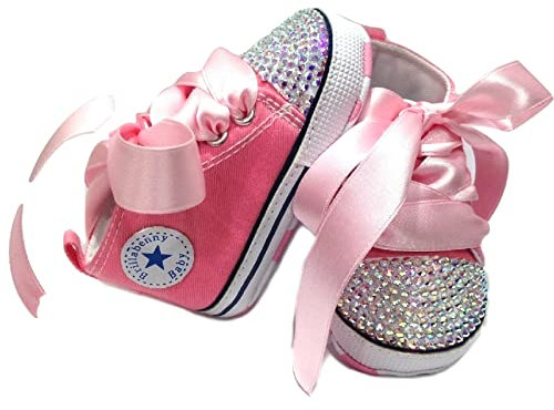 BrillaBenny Scarpine Scarpe Cristalli Strass Bambina Neonata Baby Sneakers Regalo Nascita Compleanno Corredino Rosa Fuxia 3-6 Mesi (Lunghezza Suola 11cm)