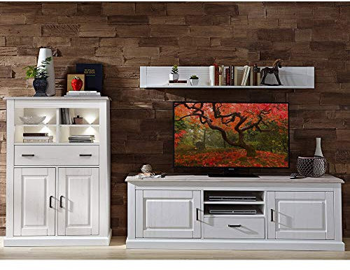 Lomadox Landhaus TV Wohnwand inkl. LED-Beleuchtung in Pinie weiß mit Abs. Taupe