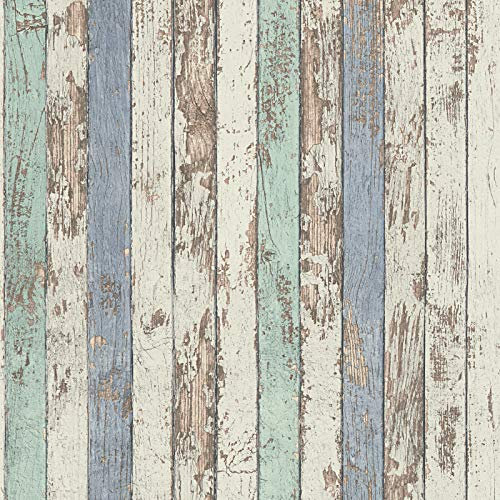 Holz Tapete maritim gestreift | Shabby Chic Tapete in Weiß und Blau | Vintage Vliestapete in Holzoptik für Schlafzimmer