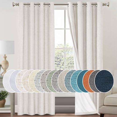 PrinceDeco Primitive - Cortinas 100 % opacas de lino texturizado para dormitorio o sala de estar, cortinas de ahorro de energía, tela de arpillera con forro aislante térmico blanco (52 x 96 pulgadas