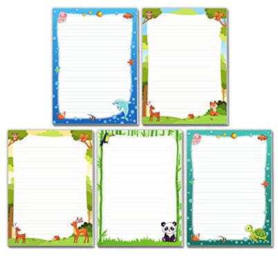5 x Blöcke Schreibblock mit Kindermotiv Delfin Fuchs Reh Panda Schildkröte (5 Blöcke mit je 25 Blätter in A4-Format)