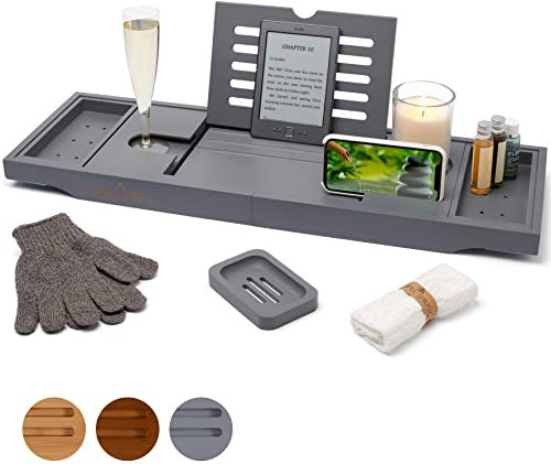 Temple Spring Badewannenablage, Badewannenablage Holz für badewannen zubehör, Badewannenbrett, Badewannentablett zur badewanne zubehör, bambus tablett, badezimmermöbel für badaccessories -Schiefergrau