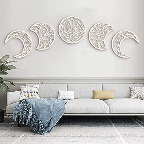 Moon Decoracion Pared, 5 Piezas hogar Decoracion Salon del Norte de Europa Moon Phase Nature Diseño, Pared Bohemia Dormitorio decoración de la Pared (Color de Madera Claro)
