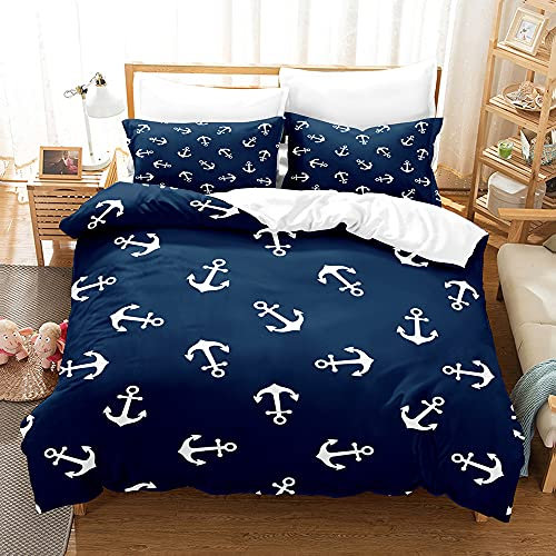PTNQAZ Bettwäsche-Set mit Boot-Ankermotiv, 3D-Druck, Marineblau, Bettbezug mit Kissenbezügen, für Kingsize-Bett, Queen-Size-Bett, Bettbezug (Einzel-, Blau)