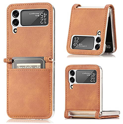 COQUE Galaxy Z Flip 3 5G Hülle, ultradünne wunderschöne Leder Kartensteckplatz Schutzhülle, klappbare Handyhülle für Samsung Galaxy Z Flip 3 5G-Braun