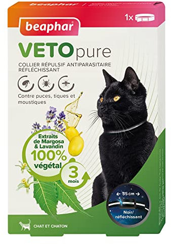 BEAPHAR – VETOPURE – Collier répulsif antiparasitaire réflechissant pour Chat et Chaton – Extraits de Margosa & Lavandin – Contre Puces, Tiques et Moustiques – Protection 3 Mois – Collier Noir de 35cm