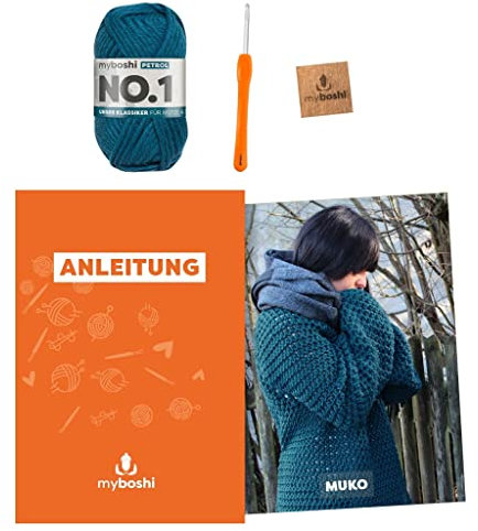myboshi Häkelset Pullover Muko, inkl. No.1 Wolle, Nadel und Anleitung, original Label, Häkelpaket, 30% Merinowolle Blau mit Häkelnadel