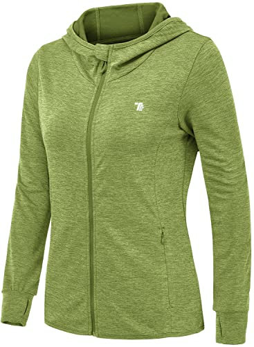 donhobo Women's Running Jackets with Thumb Hole,Long Sleeve Gym Sport Zip Up Hoodie Top Breathable Quick-Dry Tops with Zip Side Pocket Green L