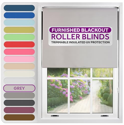 FURNISHED Roller Blinds Window Blackout, Grey, 225cm Wide x 165cm Long | Thermal 100% blackout trimmable insulated UV protection child safe easy fit home office window blinds