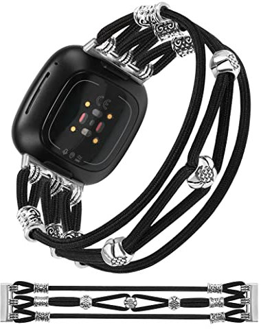 Wearlizer Perlen Armbänder Kompatibel mit Fitbit Sense/Versa 3, Versa 4/Sense 2 Armband Damen, Geflochtenes Nylon Stoff Elastische Boho Stretchy Solo Loop Cute Stylish Ersatzarmband für Versa 3